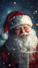 Joyful Santa portrait glows amid softly falling snowflakes.
