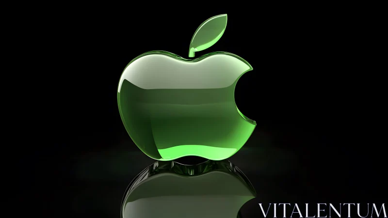 Glossy green apple logo on black background, 3D digital art.