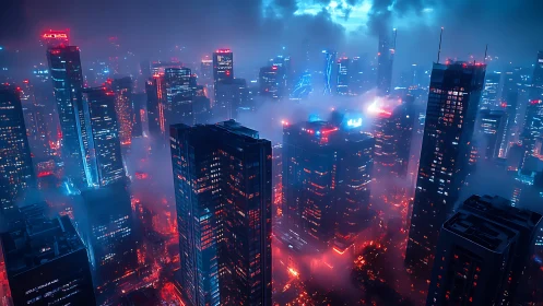 Neon-lit cyberpunk megacity skyline in volumetric fogscape.