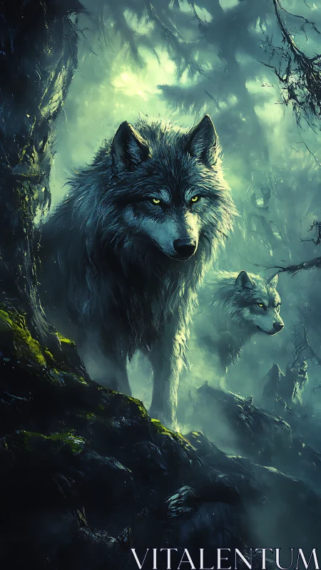 Two wolves stand alert in a misty, teal forest ravine