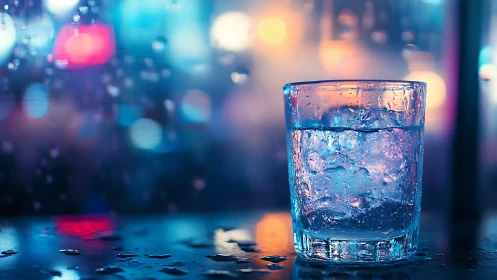 Icy cocktail glass glows against blurred neon city lights