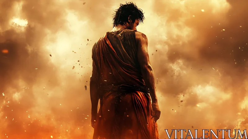 Solitary figure stands amid dense flames and smoke plume