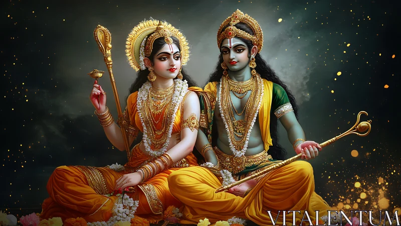 Divine royal couple in ornate golden attire share serene grace.