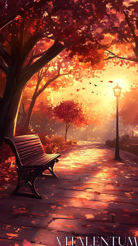 Autumn park bench glows beneath radiant golden sunset light.