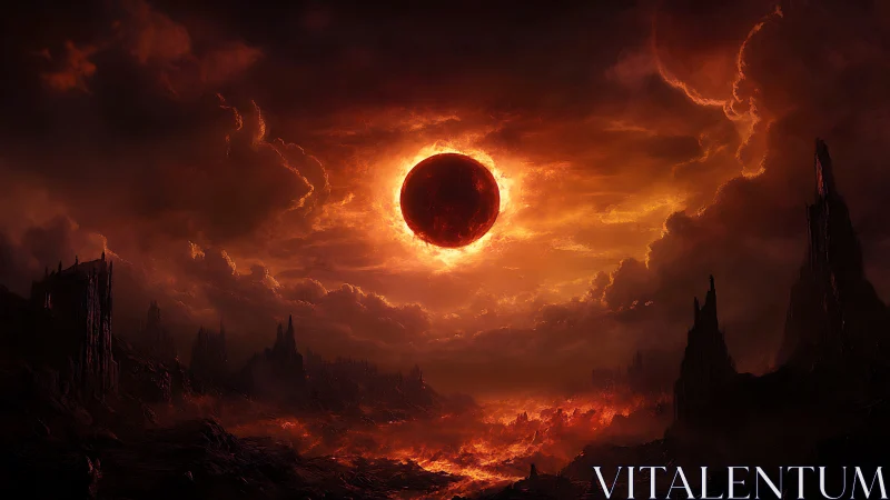 Apocalyptic lava landscape under a burning eclipse renders cosmic dread