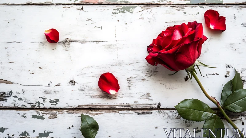 Red Rose with Scattered Petals on Whitewashed Wood.