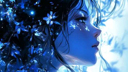 Moonlit petals drift around a blue-lit dreamer’s gaze