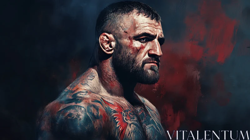 Tattooed fighter portrait rendered with dramatic lighting and grit
