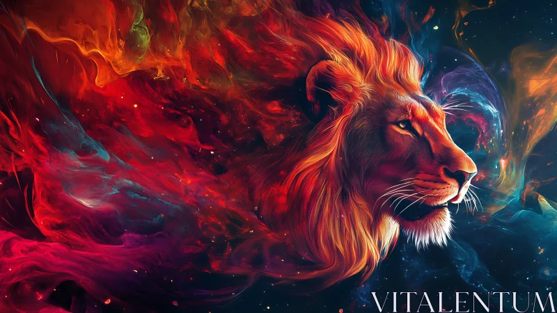 Stellar-maned lion drifts through nebulae in molten color