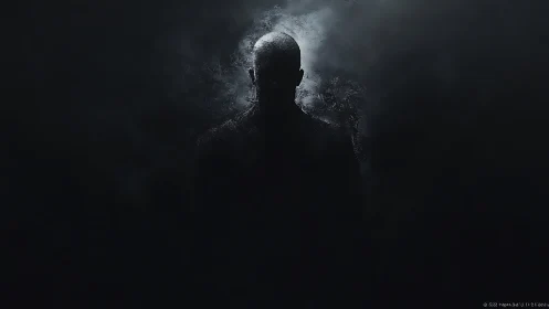 Silhouetted human figure in dark atmospheric backlit haze.