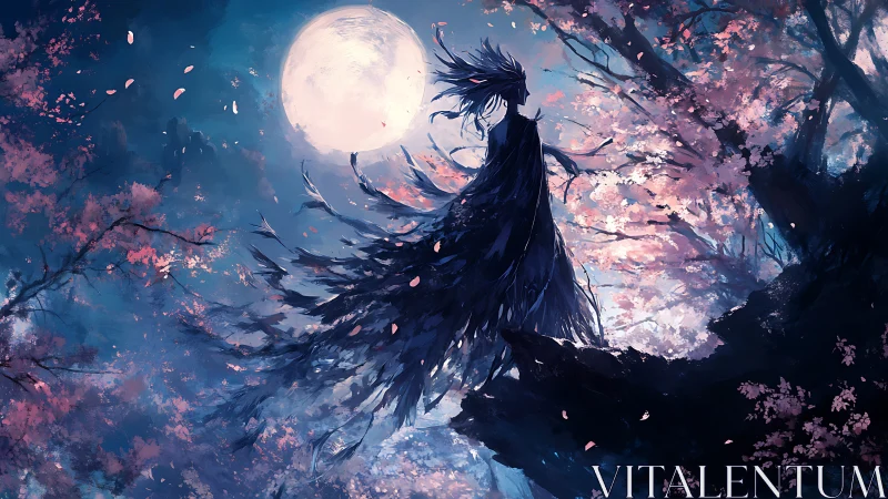 Silhouetted robed figure on cliff under full moonlit sky.