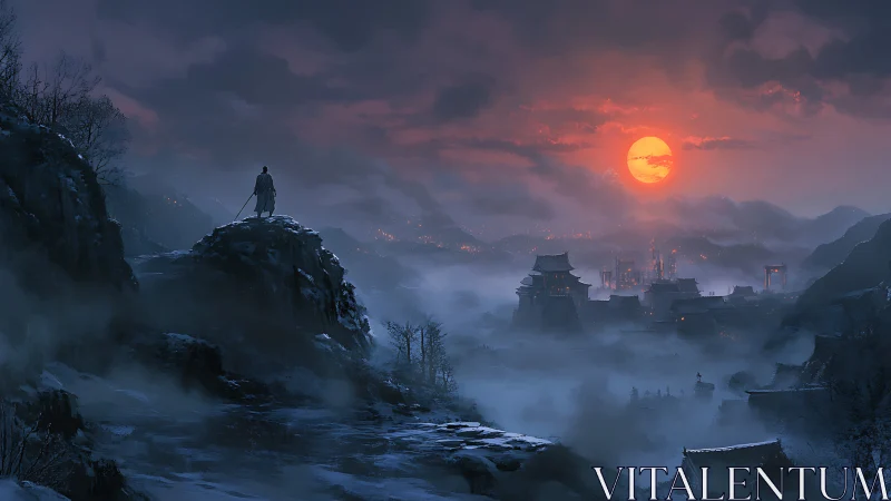 Lone warrior overlooks misty winter city at red sunset.