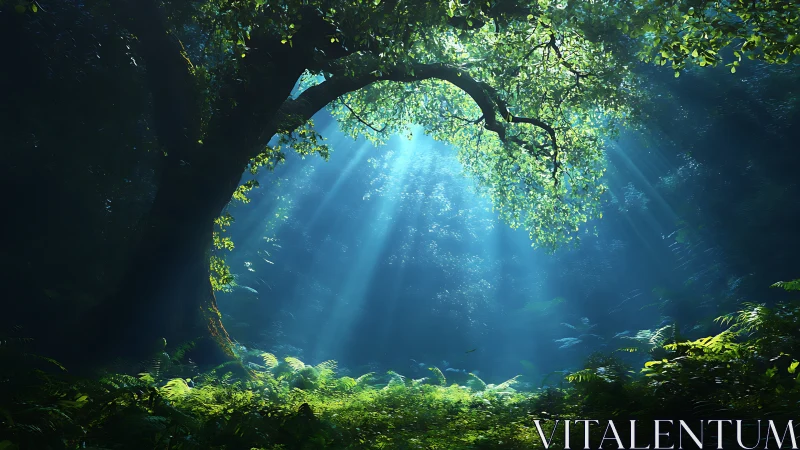 Submerged Cavern with Radiant Light Piercing Dense Forest Canopy.