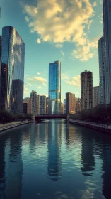 Vertically mirrored riverfront skyline under evening cumulus clouds.