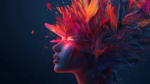 Neon-rendered female profile with fractal feather light burst