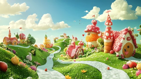 Fantastical Candy-Themed Landscape with Mushroom Structures