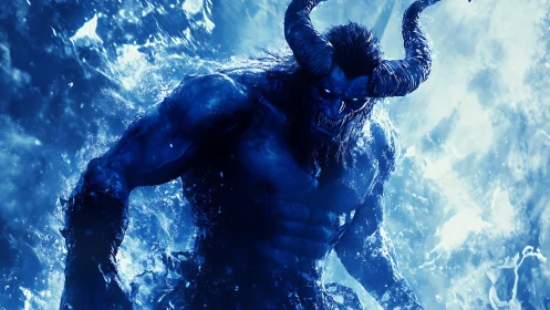 Frostbitten horned demon surges from a storm of blue fire.