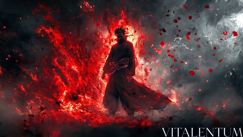 Silhouetted cloaked figure amid red energy burst field.