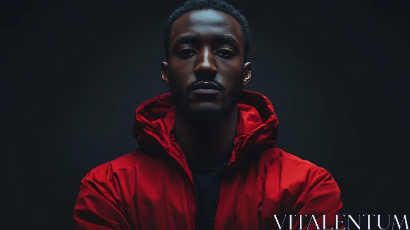 Portrait shows subject in red jacket under controlled lighting