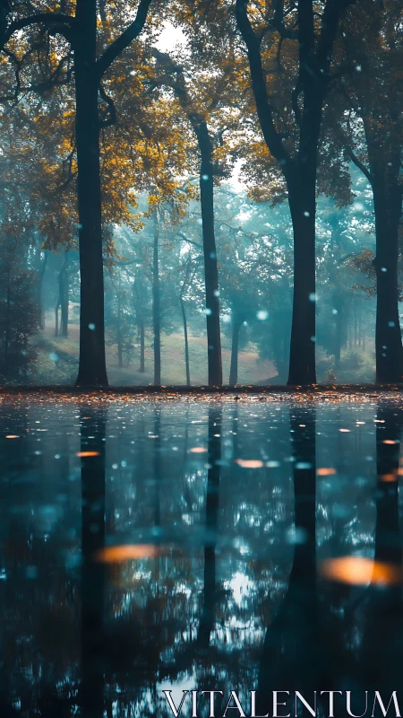 Misty Forest Reflection: Autumn Trees in Water.