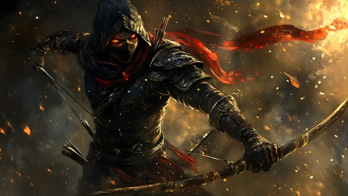Hooded archer in armor draws a bow amid drifting embers