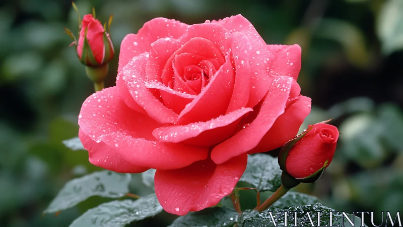 Coral-pink bloom with dew droplets on petals and green foliage.