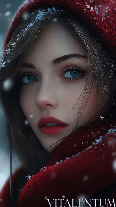 Hyperreal winter portrait of woman in red hooded scarf