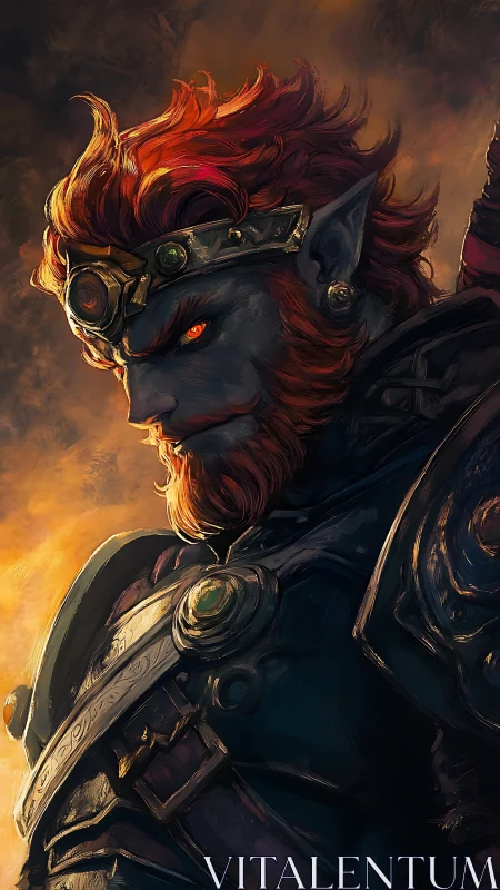 Armored fantasy figure in profile with fiery background.