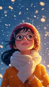 Girl in winter clothes watching gentle snowfall calmly.