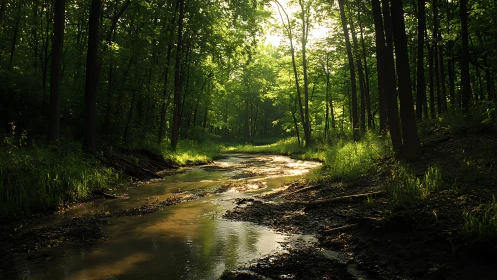 Sunlit Stream Through the Quiet Forest.