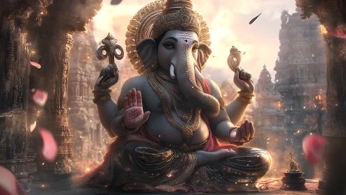 Serene Elephant Deity in Emberlit Temple Courtyard Trance.