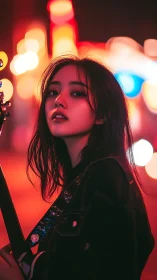 Neon backlit guitarist portrait with shallow depth and bokeh contrast