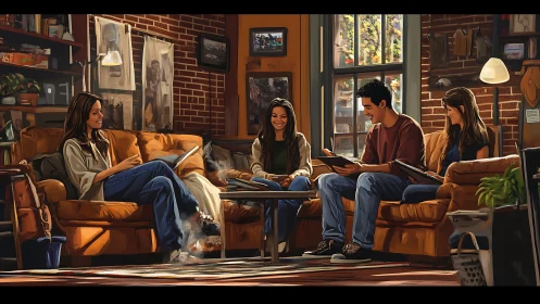 Group reading session in brick-walled living room interior.