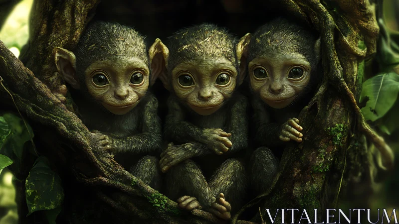 Triad of juvenile monkeys rendered in lush photoreal detail