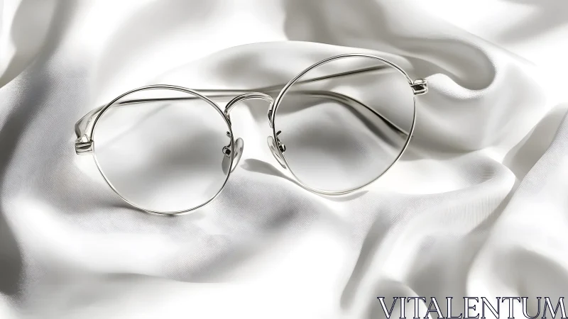 Minimalist round silver eyeglasses on smooth white silk fabric.