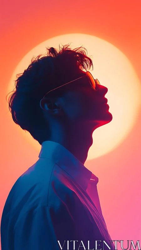 Silhouetted youth in neon glow contemplates a rising sun