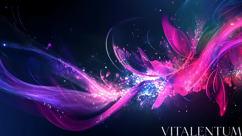 Vivid neon light trails explode across a cosmic dark canvas