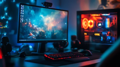 RGB-illuminated gaming workstation displays high-fidelity battle scene