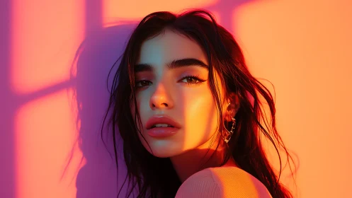 Digital portrait in neon sunset gradient lighting study.