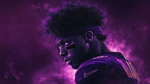 Electric purple football portrait glows with quiet intensity