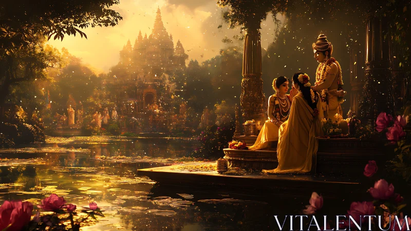 Mythic riverside mandala with temple, deities and particulate glow.