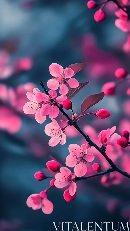 Pink cherry blossoms in soft blue light