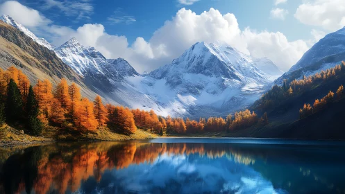 Snow covered mountains reflect in calm alpine lake