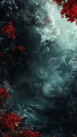 Red foliage borders swirling teal abstract liquid depth