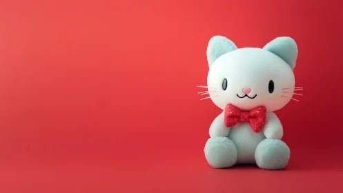 Pastel plush cat toy with red bowtie on red backdrop.