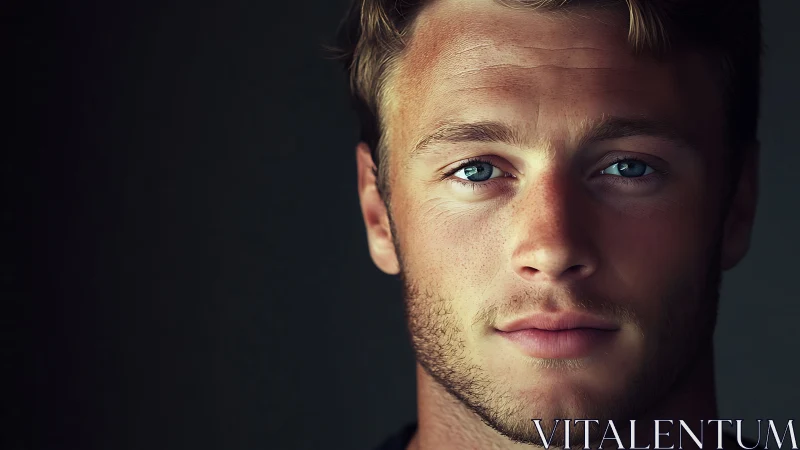 Close-up male portrait with side lighting on dark backdrop.
