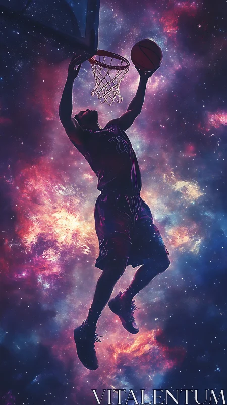 Basketball player soars through cosmic nebula toward hoop.