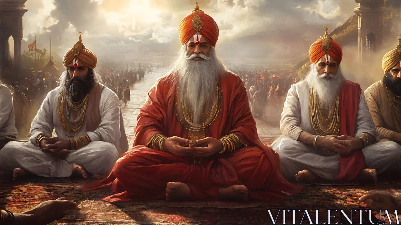 Elderly turbaned men seated in calm ceremonial gathering.