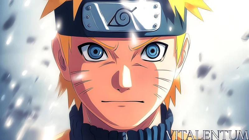 Blazing ninja gaze ignites swirling light and quiet resolve.