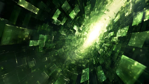 Futuristic Digital Tunnel with Green Matrix-Like Geometric Effects.